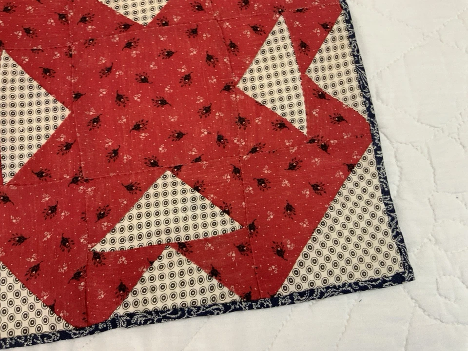 Antique Patchwork Quilt Table Topper, Early Calicos, Florals, T’s, Red, White - Image 4 of 4