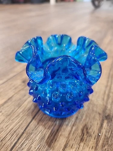 Fenton Glass Colonial Bright Blue Hobnail Ruffled Vase Rose Bowl Miniature 3"