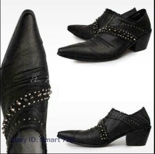 Men Leather Rivets Pointed Toe Chunky Heel Dress Business Wedding Clubwear Shoes