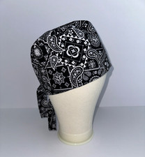 Tie in the Back Scrub Cap Black Bandana Print, Classic Style, Cotton, Handmade