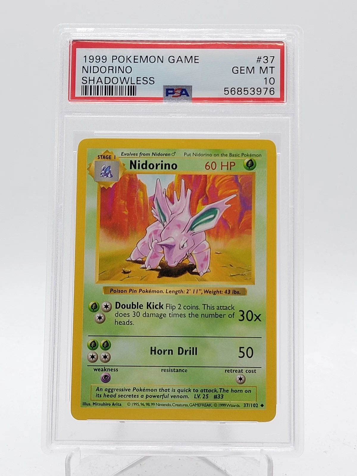 NIDORINO 1999 POKEMON BASE SET SHADOWLESS #37/102 PSA 10 Q3963