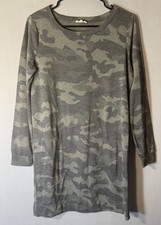 June and Alamey Green Camouflage T-Shirt Dress Long Sleeve Knee Length S