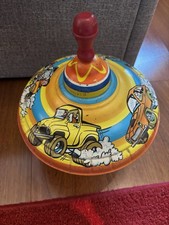 Vintage Ohio Art Spinning Metal Top Racing Cars  Trucks Wood Handle Suction Cup