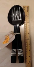 Arise African Wooden Salad Serving Fork And Spoon Handcrafted Dark Wood Carved 