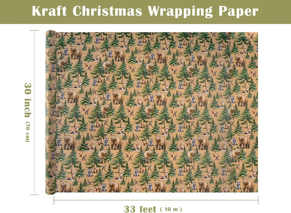 30-дюймовая рождественская оберточная бумага Kraft — 30 x 33 фута — Wild Animal Winterf - Изображение 3 из 4