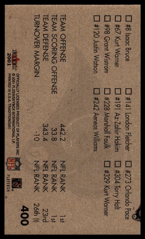 2001 Fleer Tradition #400 St. Louis Rams Team Leaders St. Louis Rams NM+ - Image 2 of 2