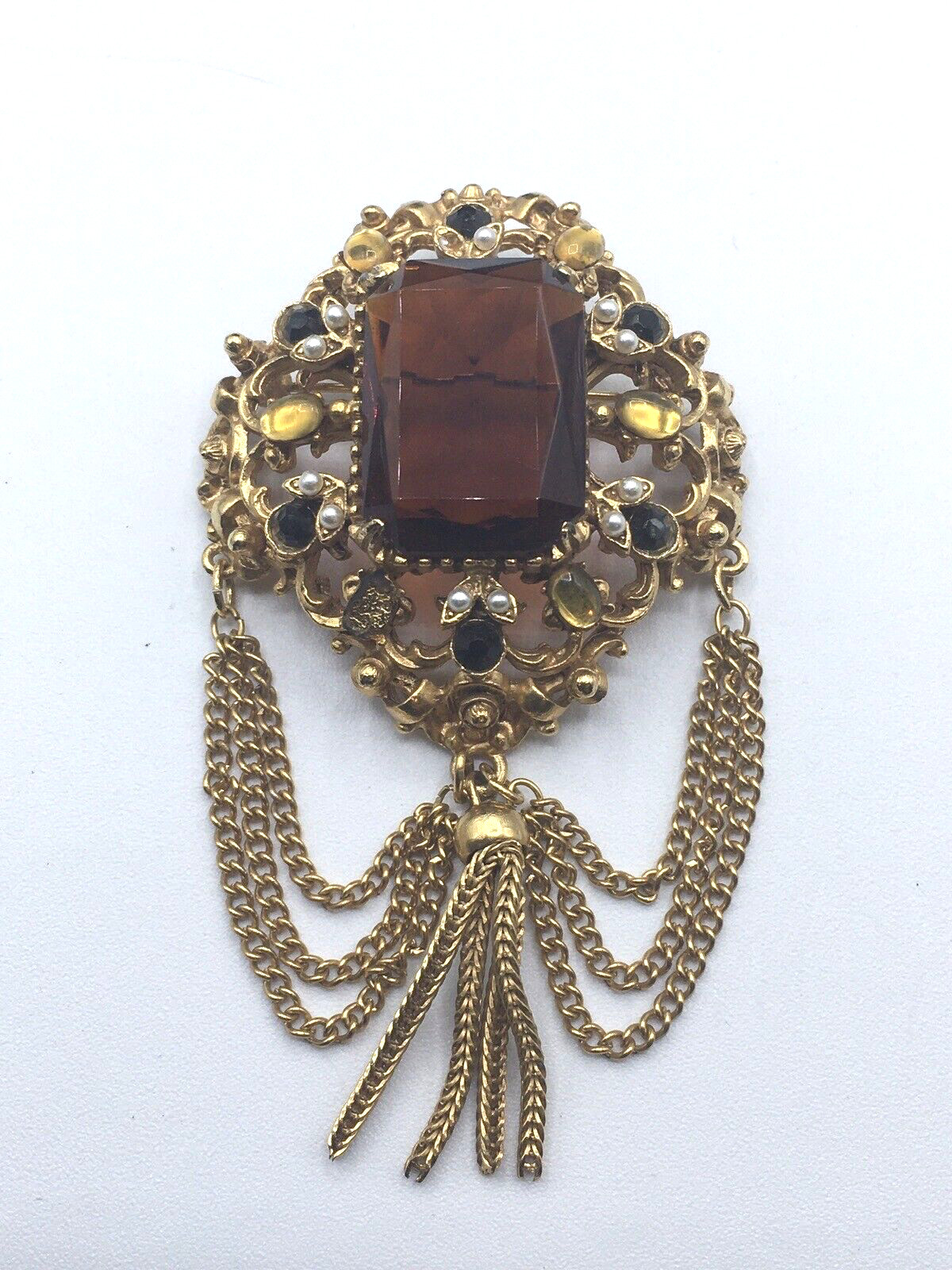 Vtg Florenza Large Brown Rectangular Rhinestone G… - image 1
