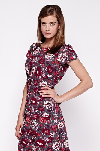 Yumi London Rose Print Origami Pleats Tea Dress Grey Multicolor Pick Your Size - Picture 5 of 8