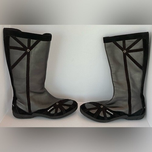 Vintage Y2K Diesel Run To Metallic Boxen Ringen Leder Stiefel Schwarz Größe 8