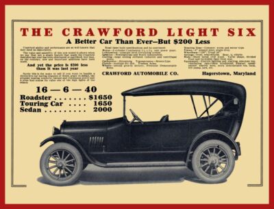 1916 Crawford Automobile Co. NEW Metal Sign: Light Six - Hagerstown, Maryland