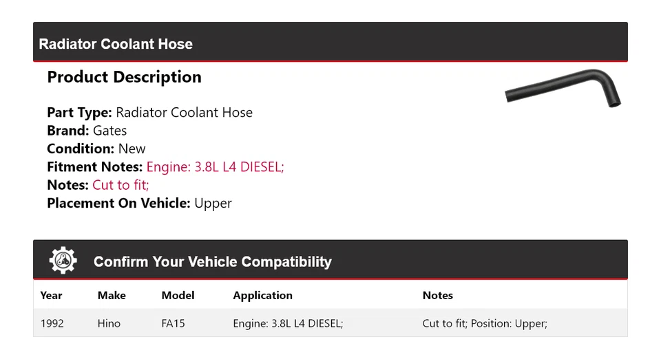 Manguera de refrigerante de radiador diésel Hino FA15 1992 3,8 L L4 puertas superiores Foto 2 de 4