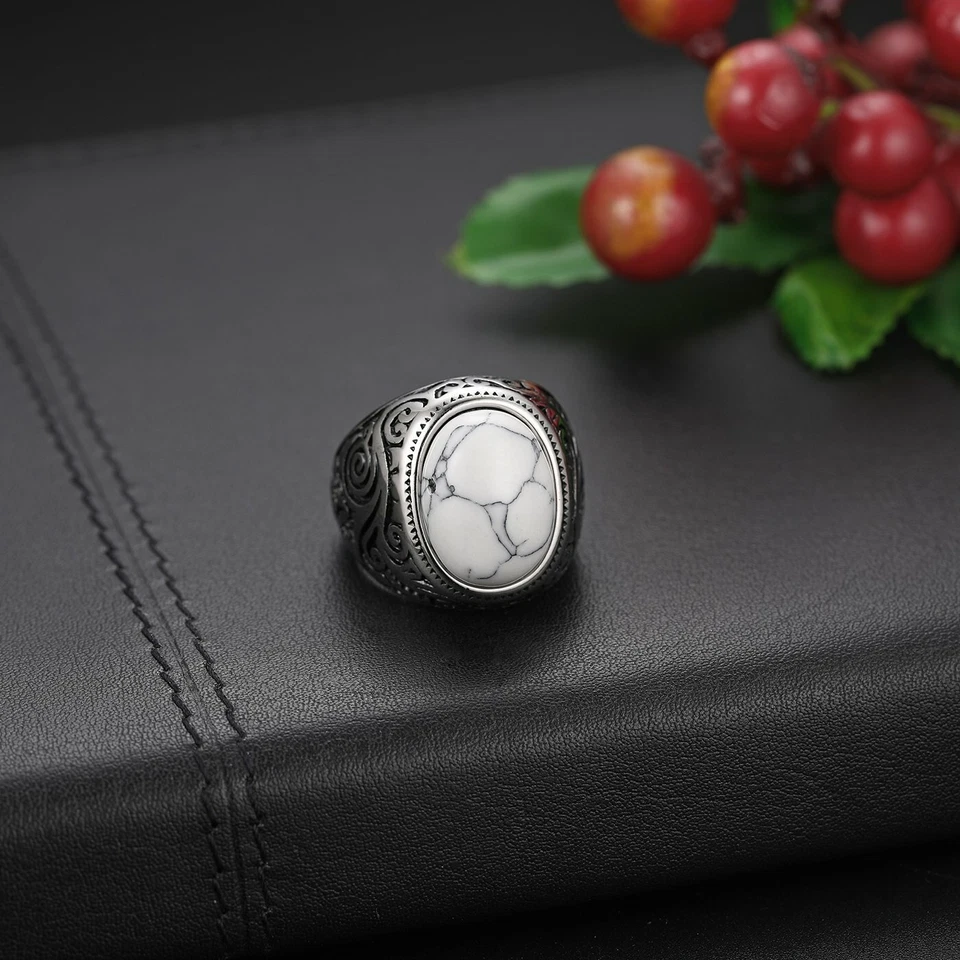 Anillo de compromiso de boda de acero inoxidable de piedra de pino blanco para hombre plateado 7-14 Foto 2 de 4