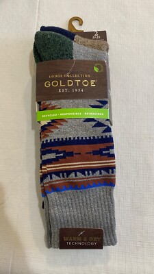 GoldToe Lodge Collection Eco Socks Men Aztec Crew 6-12.5 2 Sock Repreve warm dry