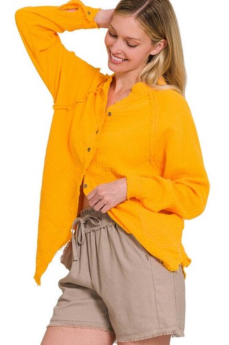 Zenana Cotton Gauze Collarless Raw Edge Button-Down Tunic Shirt in 5 Colors - 第 12/12 張圖片