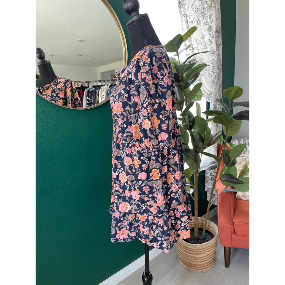 Antiguo Vestido Azul Marino Floral Manga Abullonada Niñas XL 14-16 Azul Marino Rosa Naranja Cottagecore Foto 4 de 4