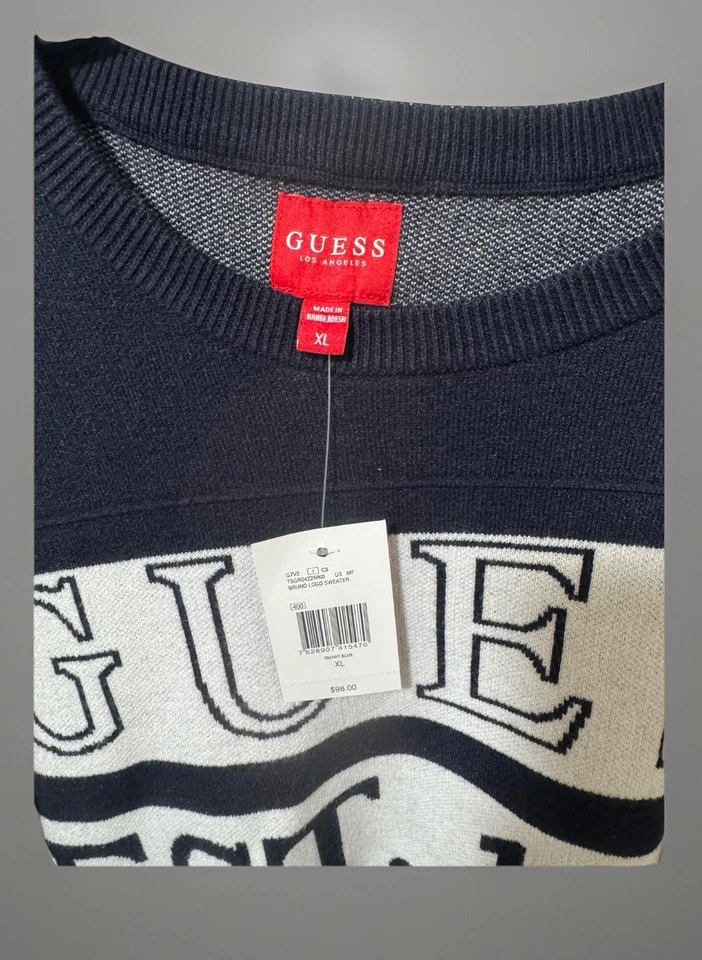 NWT Guess Bruno Men Sweater Navy/ White Long Sleeve Casual Logo XL - Image 2 of 4