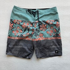 O'Neill Board Shorts Mens 34 Teal Orange Floral Stripe Swim Trunks Excellent