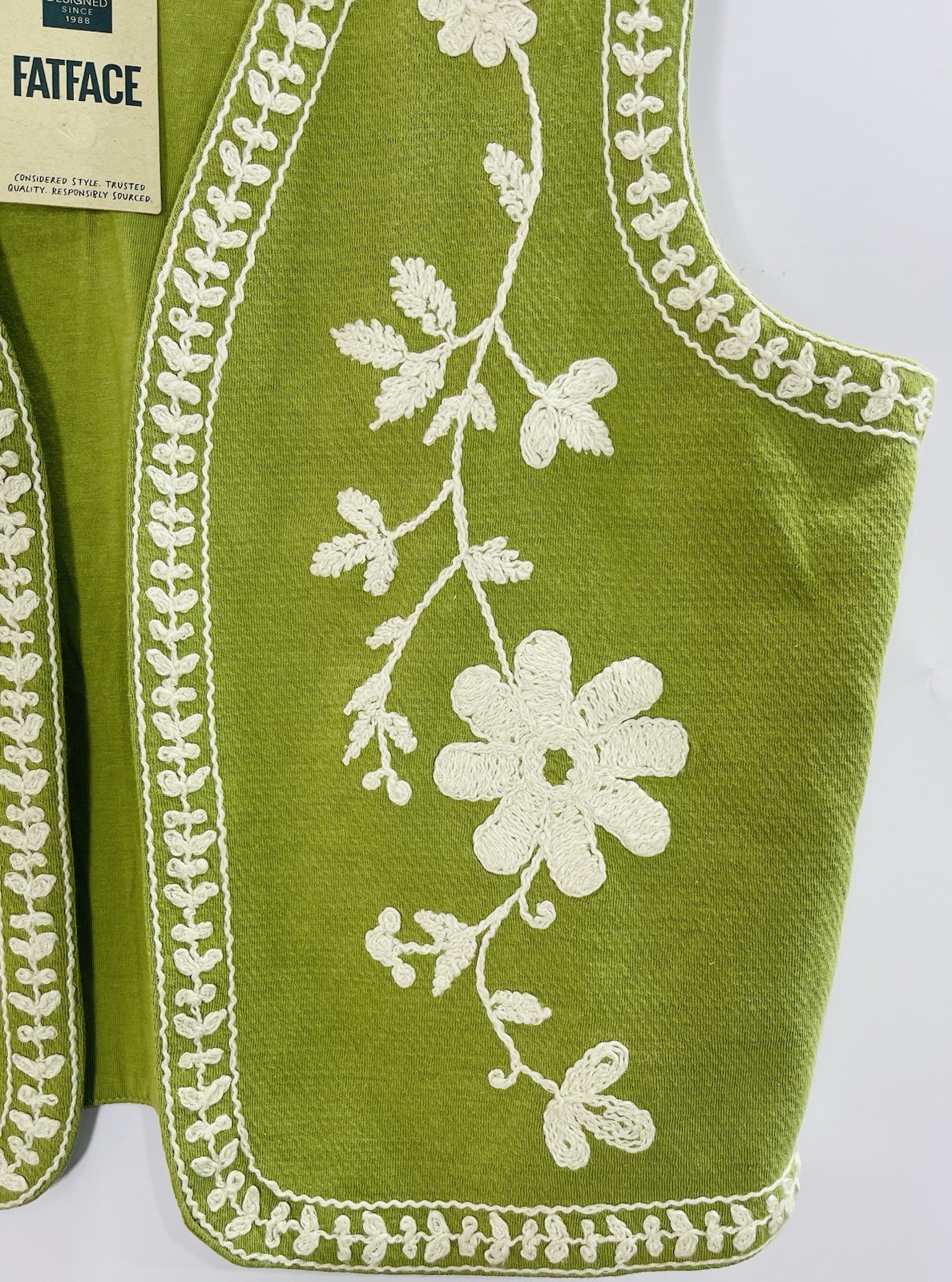 FatFace Embroidered Cotton Waistcoat Vest Olive Green Boho Festival M NWT image 5