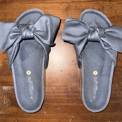 A. Giannetti Women's Navy Bow Slip On Sandals Sz 6 Made In Italy Leather Cork