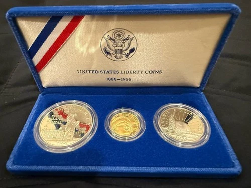 1986 3-Coin Commemorative Statue of Liberty Frosted Proof Set w/ Box & $5 gold