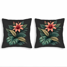 Vibrant Floral Throw Pillow Covers 18x18in Set of 2 - Pink Flower & Green Leaves