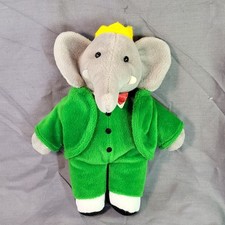 1988 GUND Babar the Elephant Plush Toy Green Suit and Crown 12  CLEAN