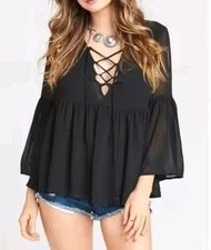 Show me Your Mumu Solid Black Poet Tie Chiffon Top Tie Front XS Flare Sleeve