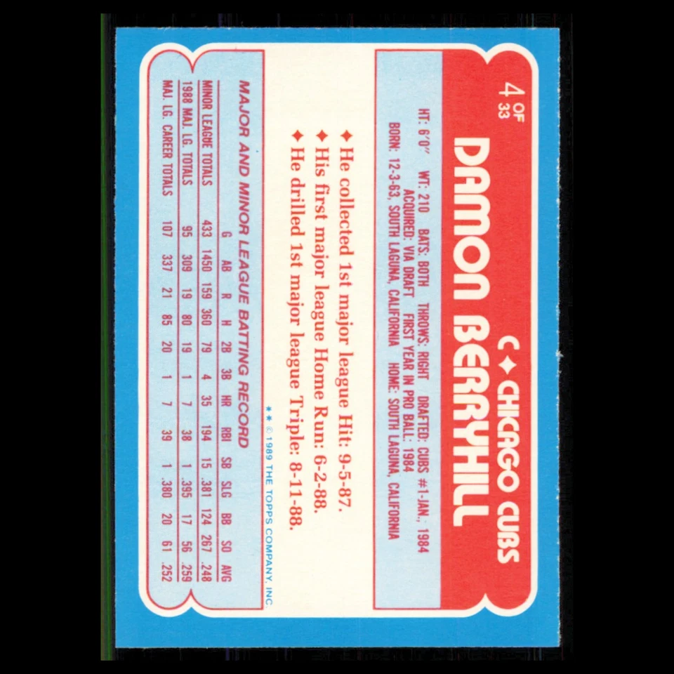 Damon Berryhill Rookie #4 1989 Topps ToysRUs Rookies Chicago Cubs Baseball Card - Image 2 of 3