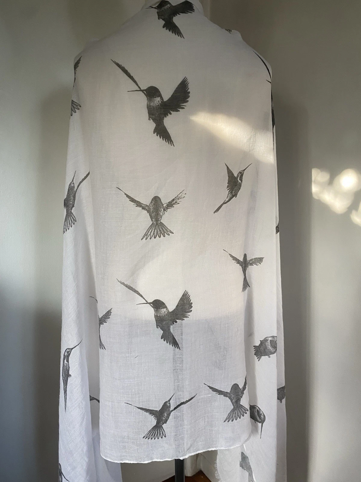 White Gray Hummingbird Pattern Scarf Rectangle Scarf Frayed Trim Pretty Boho