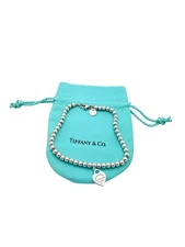 Please Return To Tiffany & Co. Silver Mini Beaded Red Heart Bracelet 7.5" Pouch