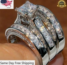 3Pcs Silver Fashion Women’s Wedding Ring Set Silver Plated Cubic Zircon Sz 6–10