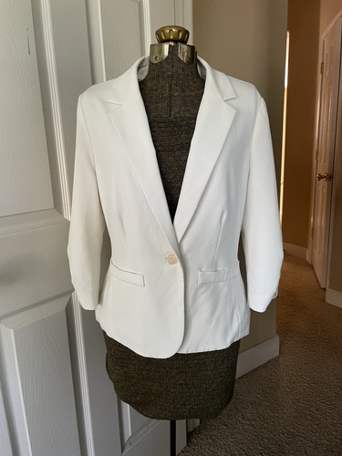 Eliza J Womens White Ivory Blazer Jacket 3/4 Sleeves Career Office Size M EUC - Picture 3 of 16