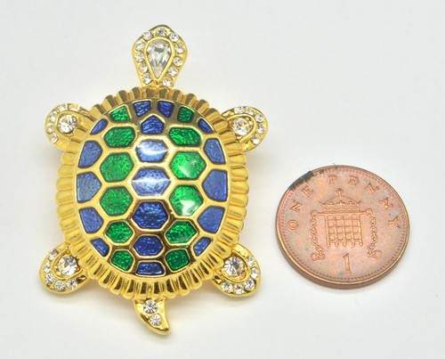 Spilla vintage anni 80 smalto blu e verde e cristallo tartaruga tono oro gioielli - Foto 6 di 7