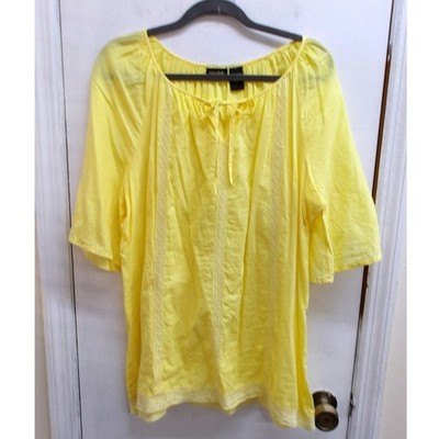 Sara Studio Woman Yellow Cotton Shirt Gathered Scoop Neck Top 1X / #26342