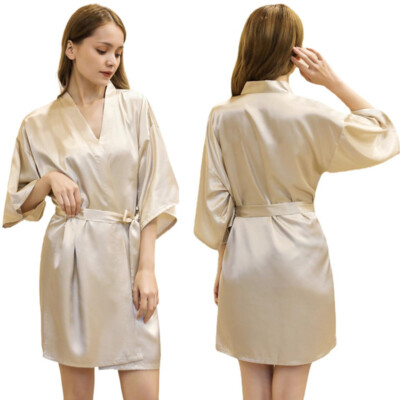 Silk Satin Robe Wedding Bride Bridesmaid Kimono Dressing Gown Sleepwear Bathrobe
