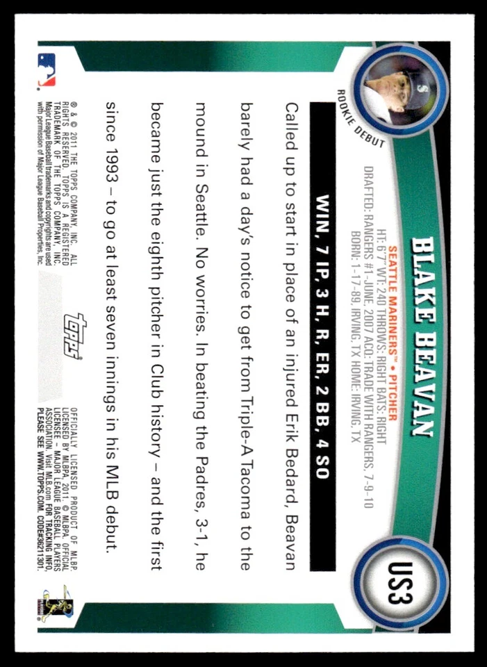 2011 Topps Cognac Diamond Anniversary Blake Beavan Seattle Mariners #US3 - Image 2 of 2