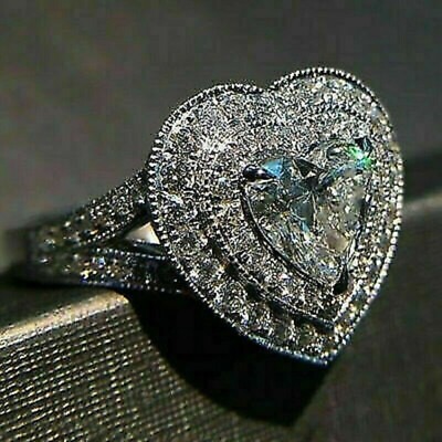 2.00Ct Heart Simulated Diamond Engagement Bridal Halo Ring 14k White Gold Plated