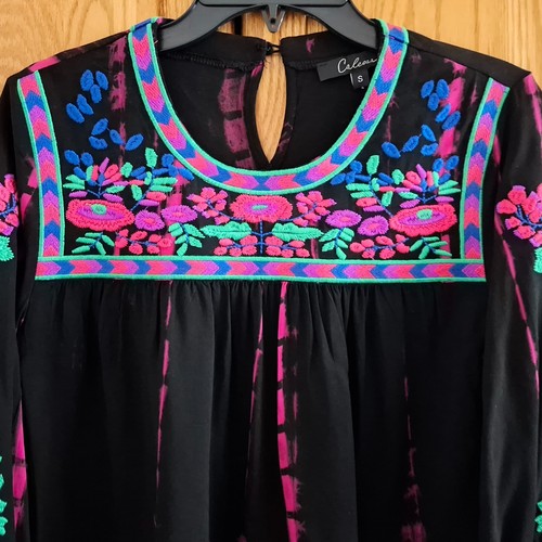 Calessa Embroidered Tie-Dye Patchwork Print Crew Neck 3/4 Sleeve Tunic - Small - Picture 7 of 14
