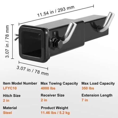 4000 lbs Towing Trailer Hitch Extender 2" Receiver Adapter 6"/7" Extension Lengt - Picture 7 of 7