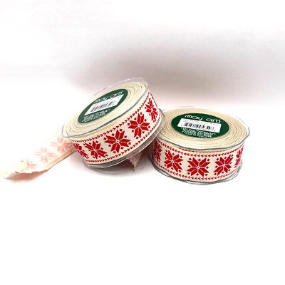 Vintage Taiwan May Arts Geometric Red Beige Ribbon Swedish Fair Isle 40 yards