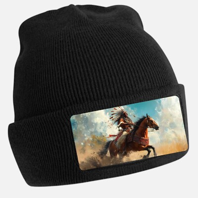 Native American Chief on Horse Print Black Beanie Hat Unisex Cotton
