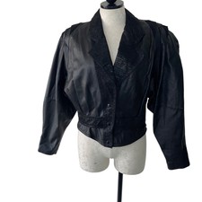 G-iii Crop Jacket Womens Size Medium Vintage Black Leather Embossed Puff Sleeves