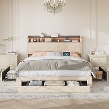 Full Queen Size Bed Frame with 4 Storage Drawers Wood Platform Velvet Headboard