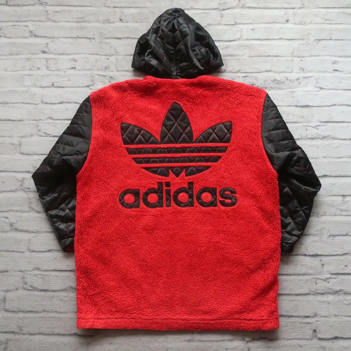 Vintage 90s Adidas Trefoil Big Logo Pile Fleece Hoodie Sweatshirt Size M L Rare