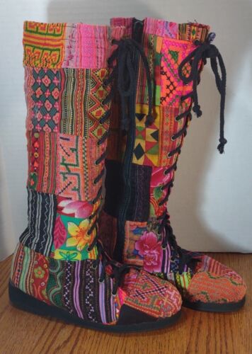 Flower Power Tapestry Boots size 7 Lace Up with Zip Boho Fairy Free Spirit  - Afbeelding 1 van 17