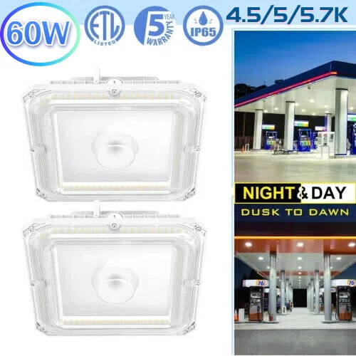 2 PACK LED Canopy Gas Station Light 60W 4500K/5000K/5700K Fixture Dusk-to-Dawn