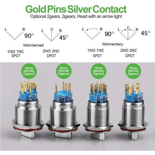 19mm SPDT 2/3 Position Momentary Arrow LED Stainless Steel Selector Switch - Picture 5 of 28