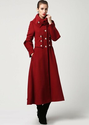 New Military Warm Winter Maroon Wool Long Trench Ladies Coat With
