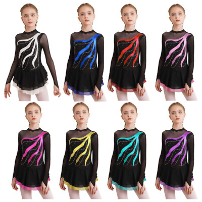 Ballet Outfit TiaoBug Kids Girls Sparkly Roller Figure Ice Skating Dress Mesh Splice Ballet Leotard With Gloves Purple 16 Ice Roller