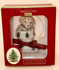 Spode Puppy Dog Ornament in a Stocking Christmas Tree W Green Collar Ceramic NIB